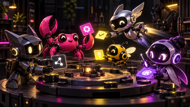 Five playful robot agents exchanging tasks around a shared workbench