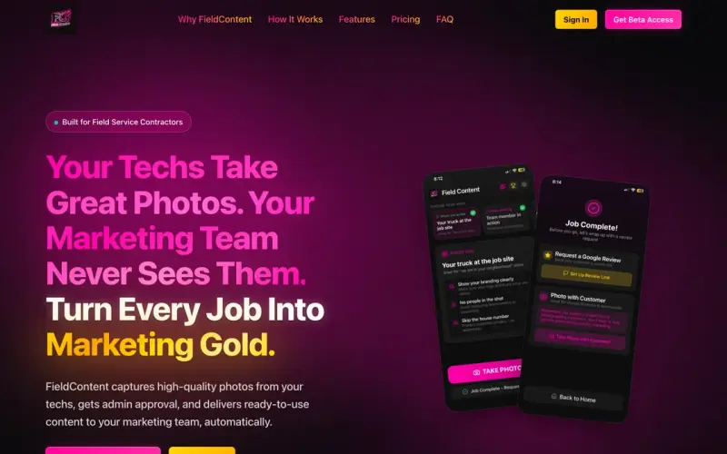 FieldContent homepage showing a job-photo marketing workflow with approval