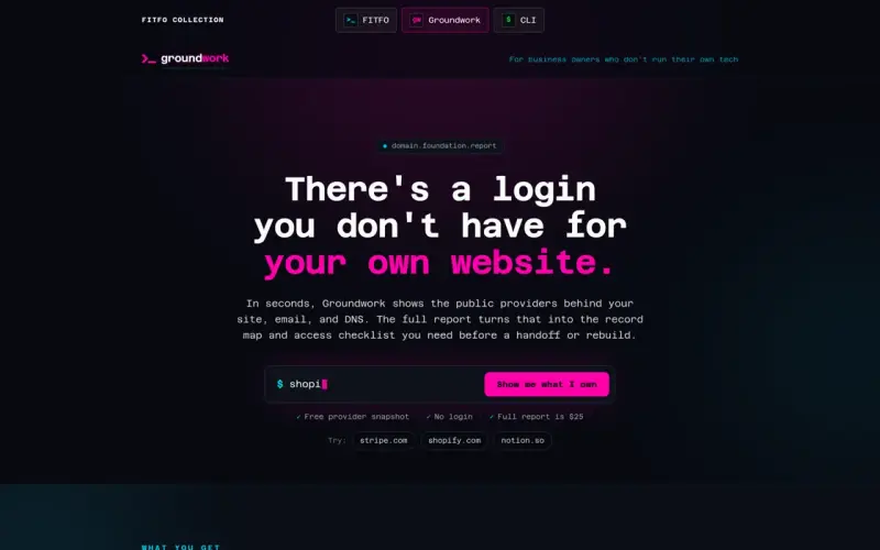 Groundwork homepage introducing domain, email, and hosting diagnostics