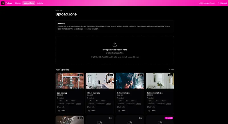 Pelican Upload Zone with drag-and-drop media intake and a gallery of job-site photos
